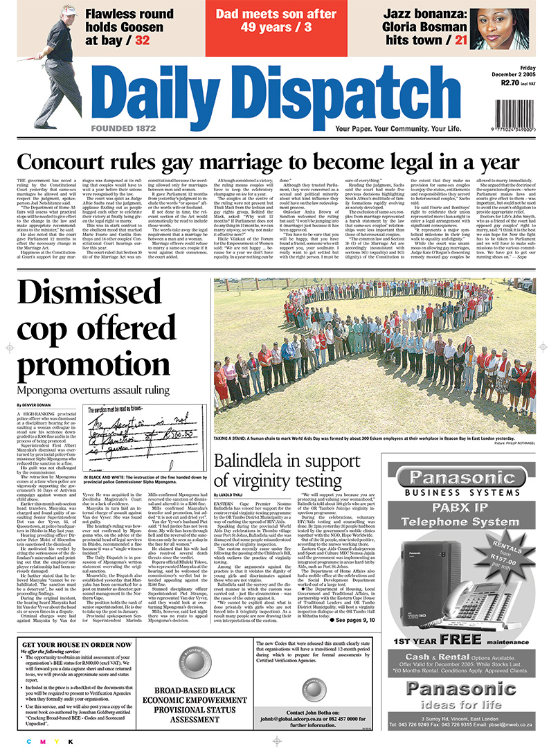 <p>South Africa&rsquo;s Constitutional Court extends the common-law definition of marriage to include same-sex spouses and gives Parliament one year to amend the country&rsquo;s marriage statutes accordingly.</p>